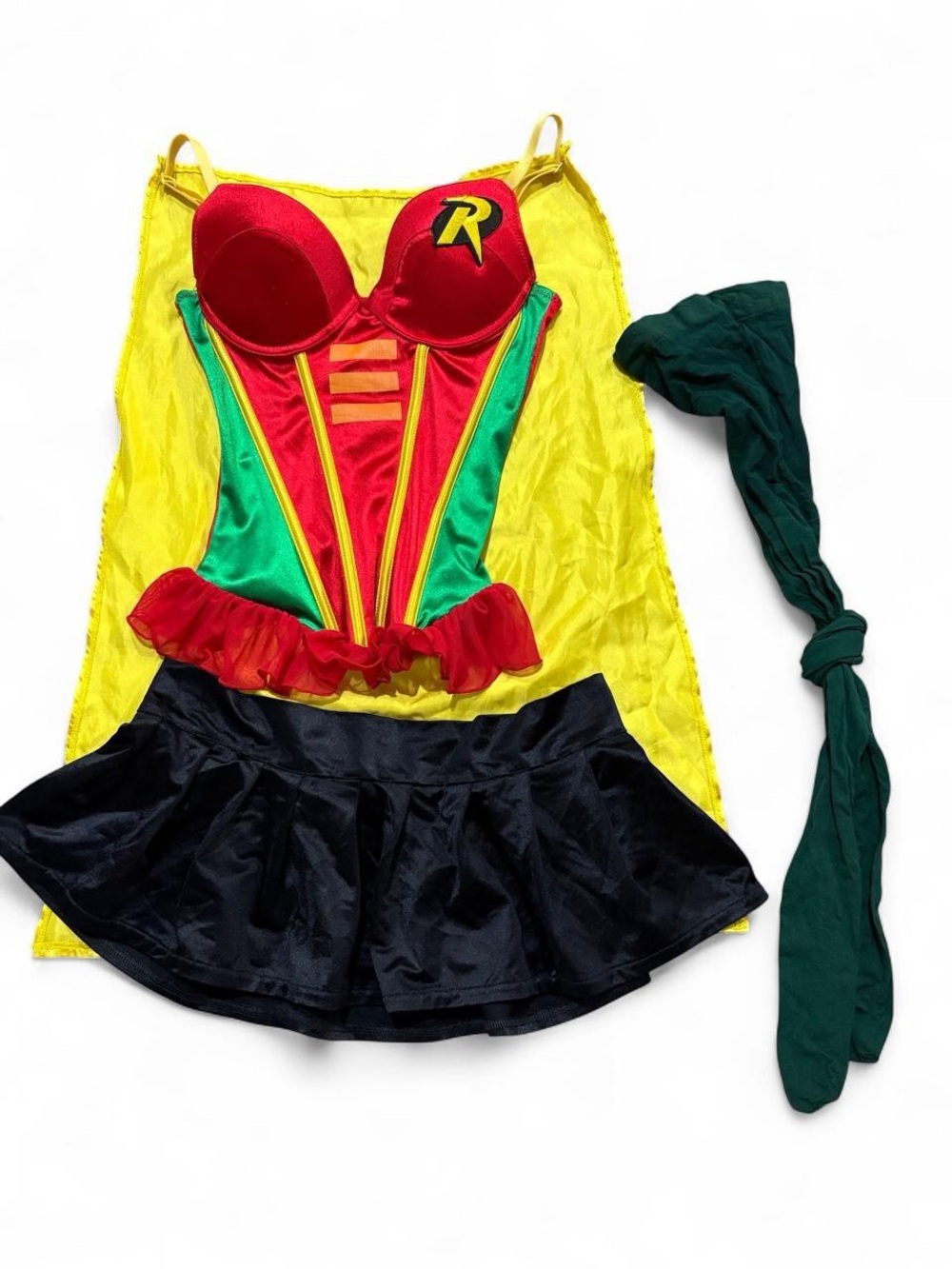 DC Comics Robin Corset Costume
Set RARE Yellow Cape Skirt Sheer Green Tights HTF